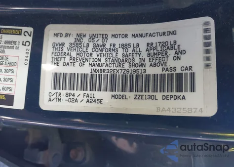 2007 Toyota Corolla Ce/Le/S z USA, uszkodzony, nr VIN 1NXBR32EX7Z919513